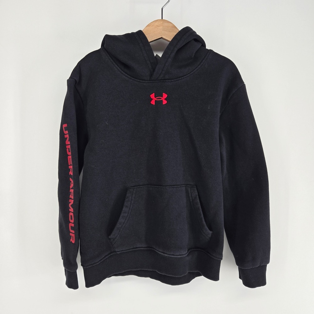 Under Armour Hoodie Hooded Sweatshirt Kids Boys 7 Black Red Logo Sleeve Graphic